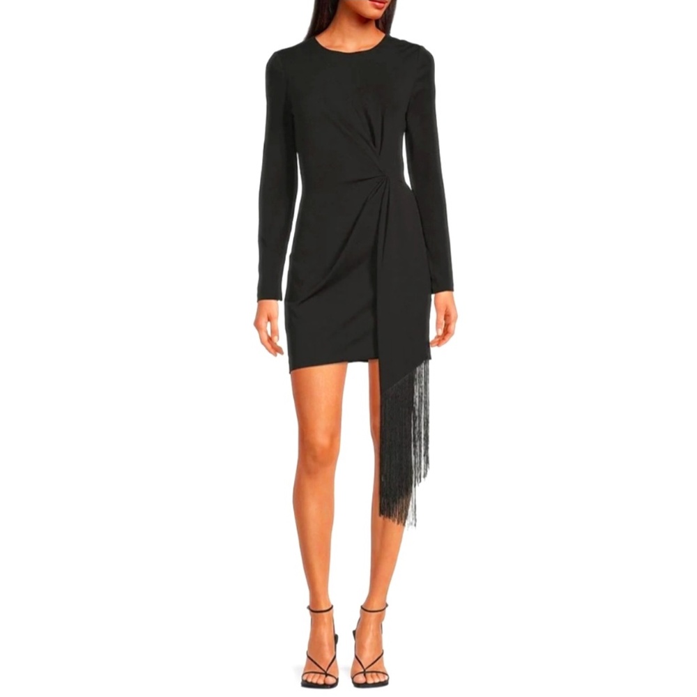 Badgley Mischka Harley Crepe Crew Neck Long Sleeve Fringed Sexy  Mini Dress: 6
